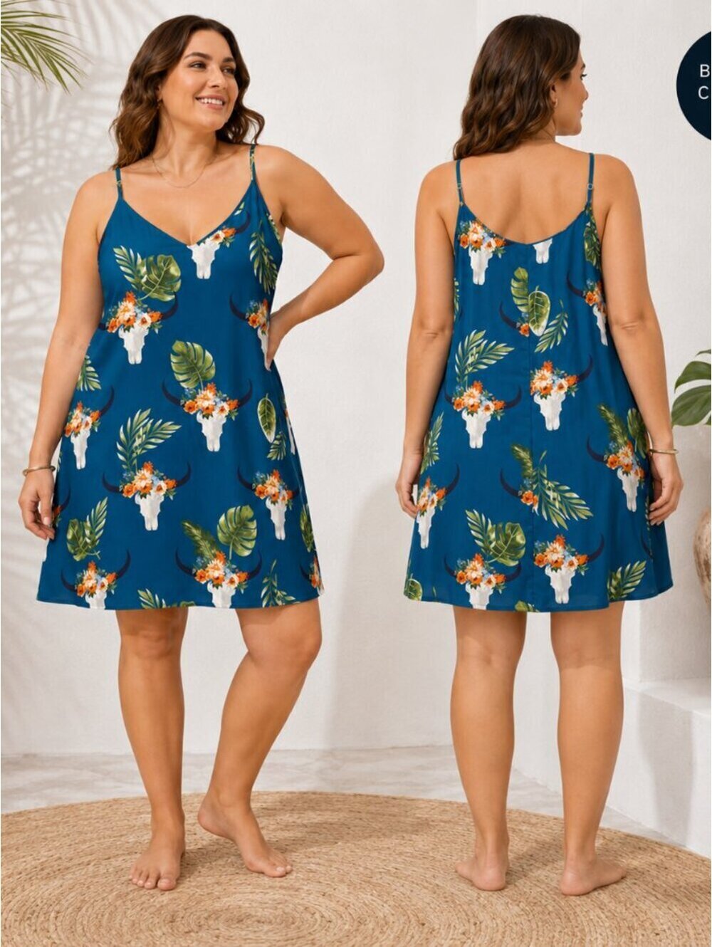 Berry N Cream | Sz L | Teal Floral and Skull Print Boho Mini Dress